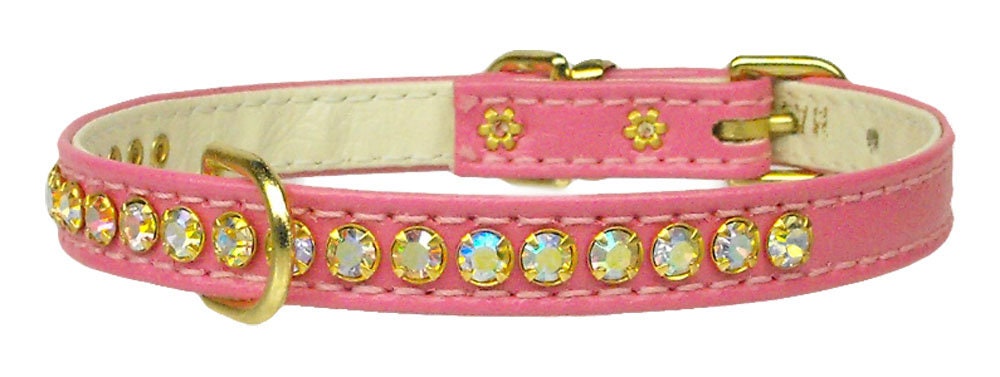 Elegant dog collar adorned with shimmering Aurora Borealis crystals, featuring a center D-Ring for leash attachment.