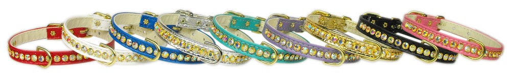 Elegant dog collar adorned with shimmering Aurora Borealis crystals, featuring a center D-Ring for leash attachment.