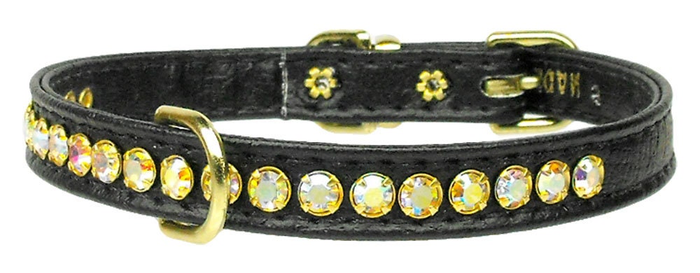 Elegant dog collar adorned with shimmering Aurora Borealis crystals, featuring a center D-Ring for leash attachment.