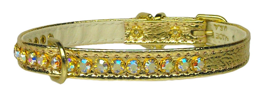 Elegant dog collar adorned with shimmering Aurora Borealis crystals, featuring a center D-Ring for leash attachment.