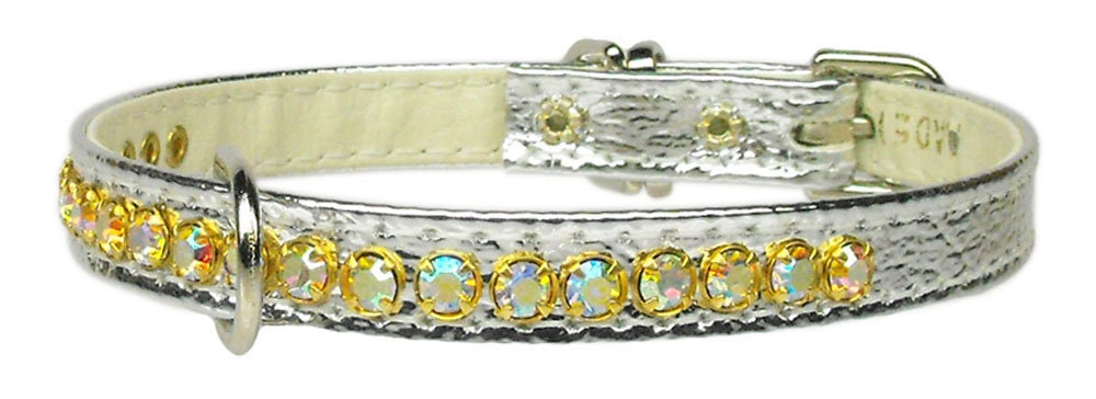 Elegant dog collar adorned with shimmering Aurora Borealis crystals, featuring a center D-Ring for leash attachment.