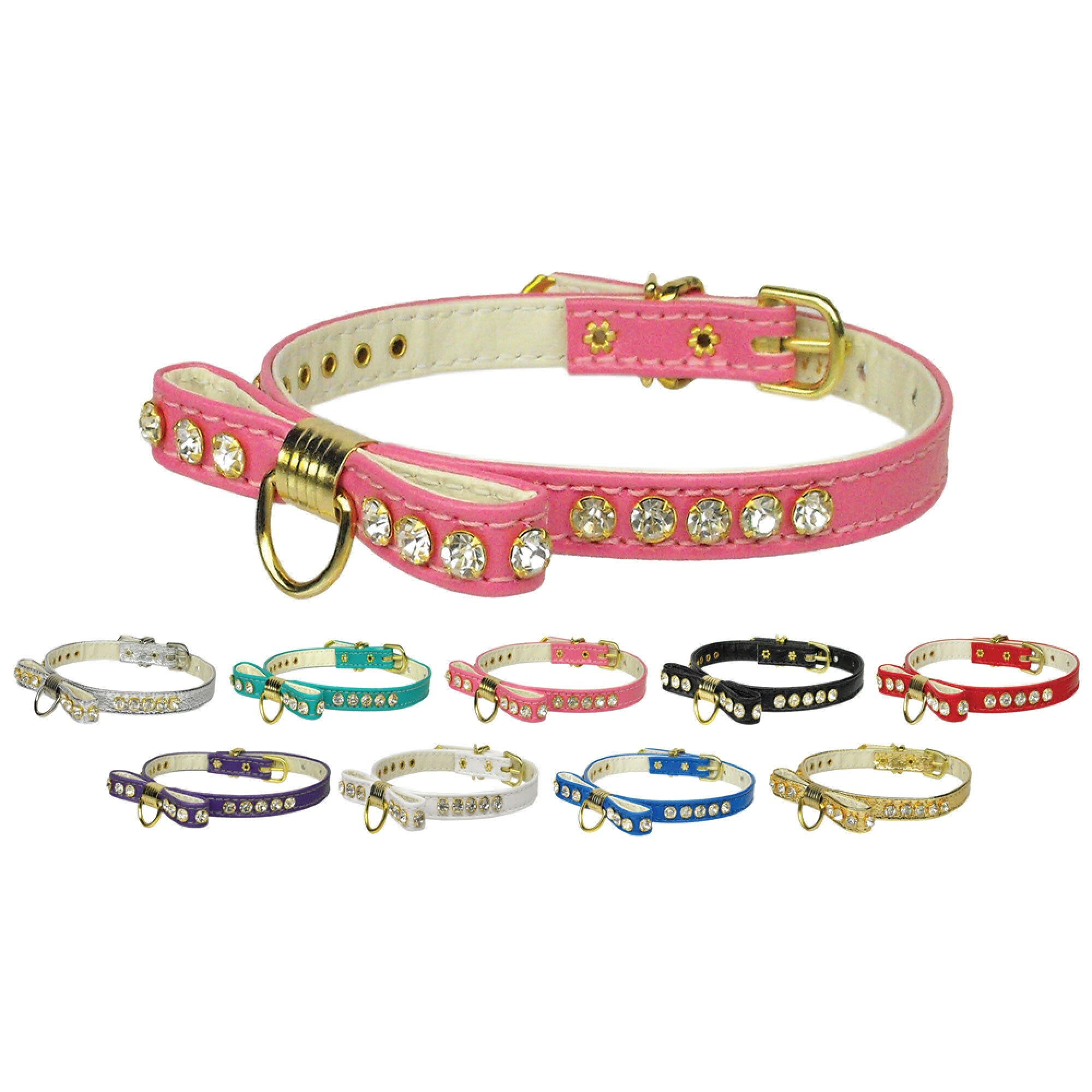 A stylish dog collar featuring a jeweled bow and clear crystals, perfect for pets.