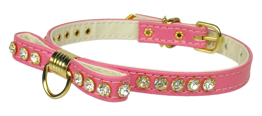 A stylish dog collar featuring a jeweled bow and clear crystals, perfect for pets.