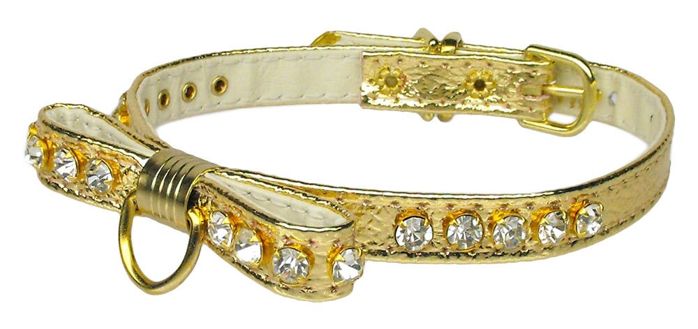 A stylish dog collar featuring a jeweled bow and clear crystals, perfect for pets.