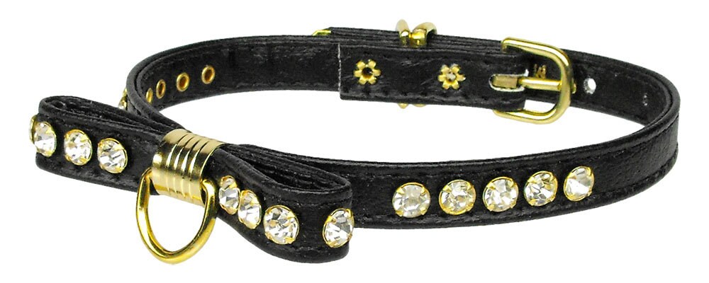 A stylish dog collar featuring a jeweled bow and clear crystals, perfect for pets.