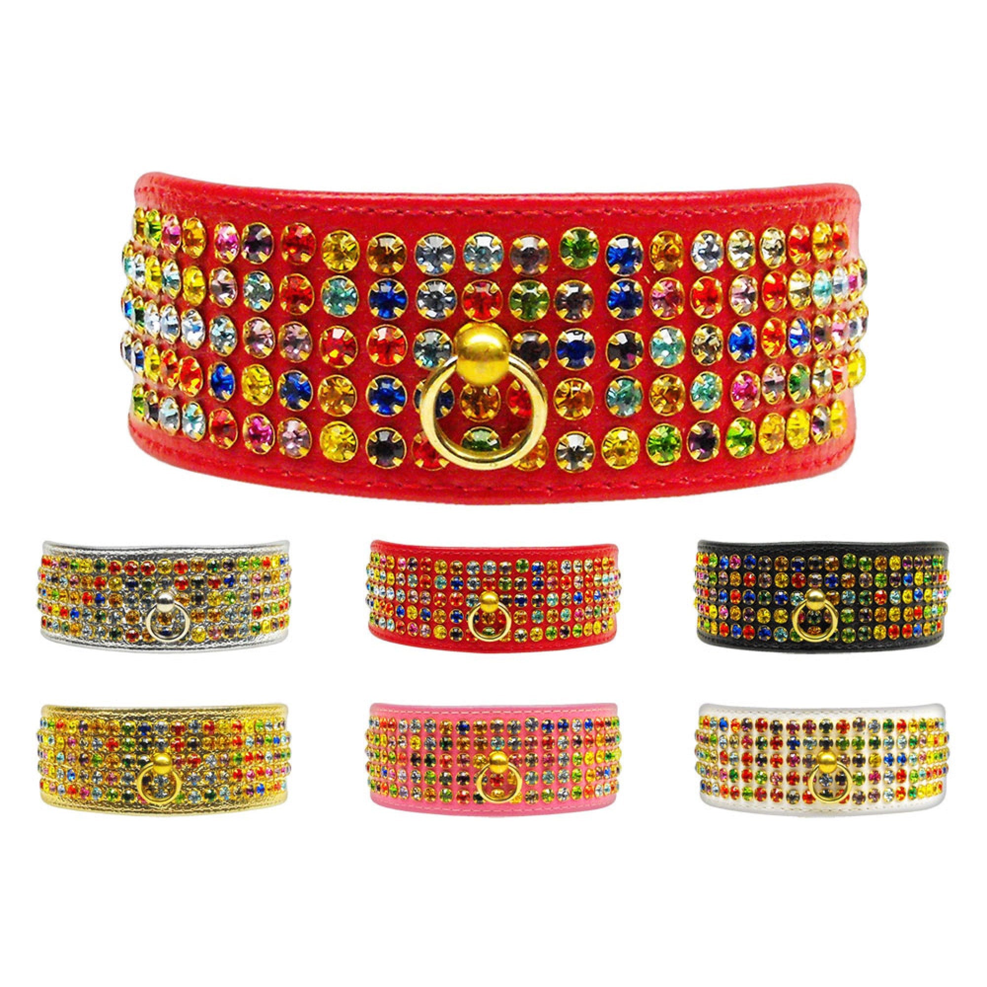 Five Row Confetti Jewel Set dog collar featuring five rows of sparkling rhinestones, tapering design for comfort, and a center post for ID tag attachment.