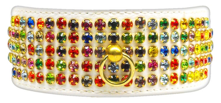 Five Row Confetti Jewel Set dog collar featuring five rows of sparkling rhinestones, tapering design for comfort, and a center post for ID tag attachment.