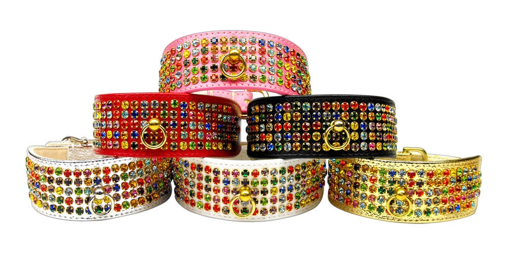 Five Row Confetti Jewel Set dog collar featuring five rows of sparkling rhinestones, tapering design for comfort, and a center post for ID tag attachment.