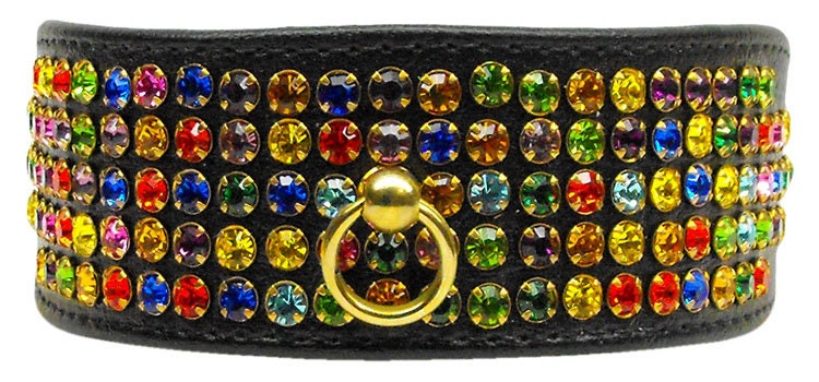 Five Row Confetti Jewel Set dog collar featuring five rows of sparkling rhinestones, tapering design for comfort, and a center post for ID tag attachment.
