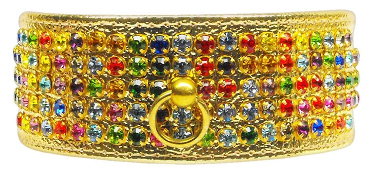 Five Row Confetti Jewel Set dog collar featuring five rows of sparkling rhinestones, tapering design for comfort, and a center post for ID tag attachment.