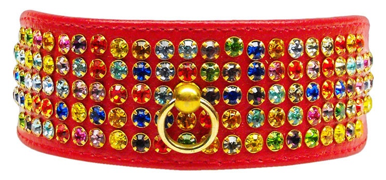 Five Row Confetti Jewel Set dog collar featuring five rows of sparkling rhinestones, tapering design for comfort, and a center post for ID tag attachment.