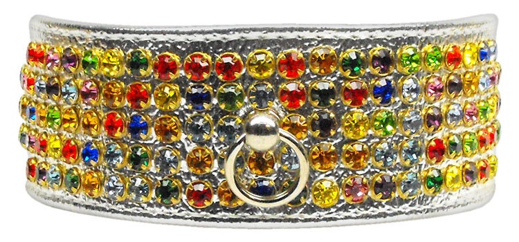 Five Row Confetti Jewel Set dog collar featuring five rows of sparkling rhinestones, tapering design for comfort, and a center post for ID tag attachment.