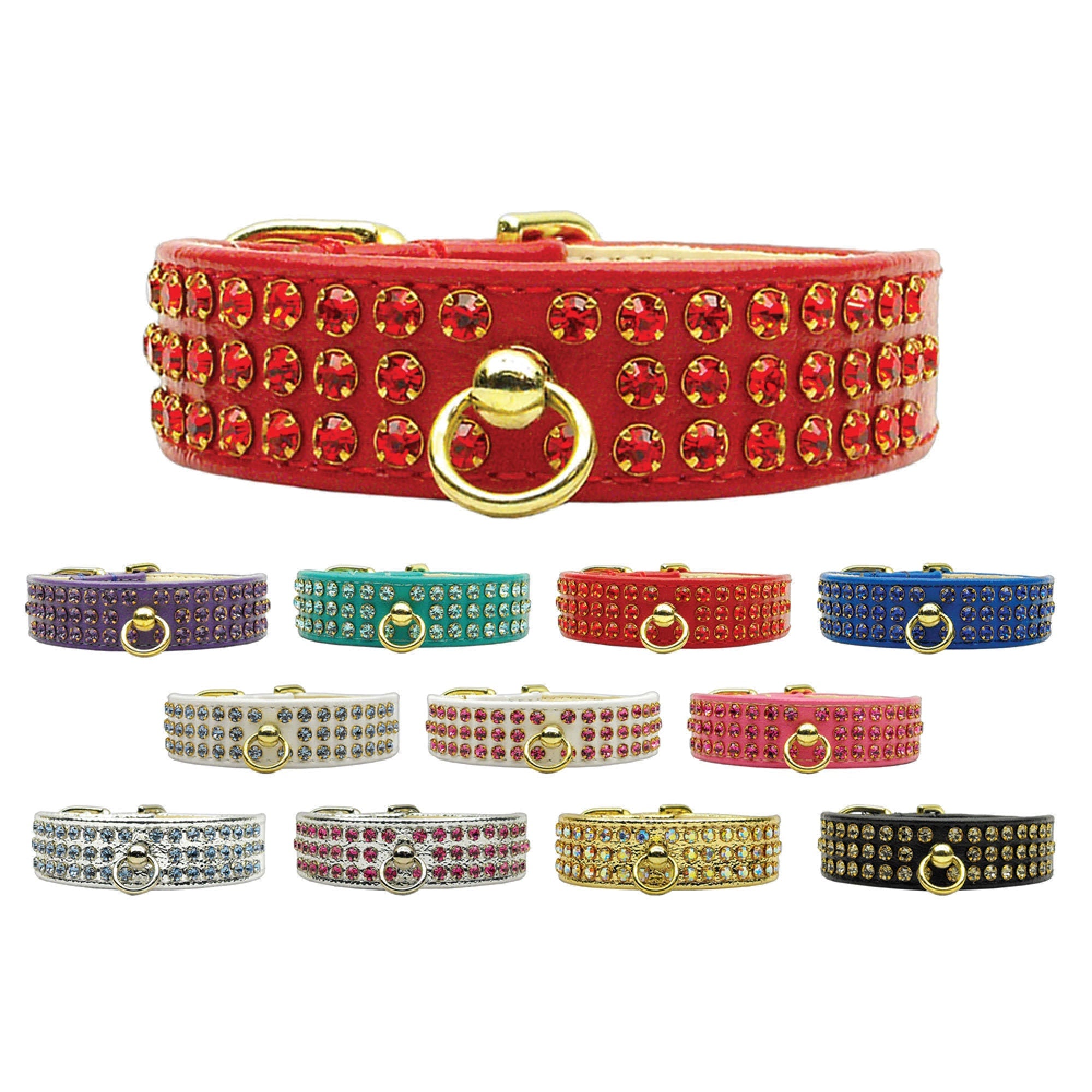 Manhattan Rhinestone Dog Collar featuring sparkling rhinestones and a center post for ID tag attachment, available in various sizes and colors.