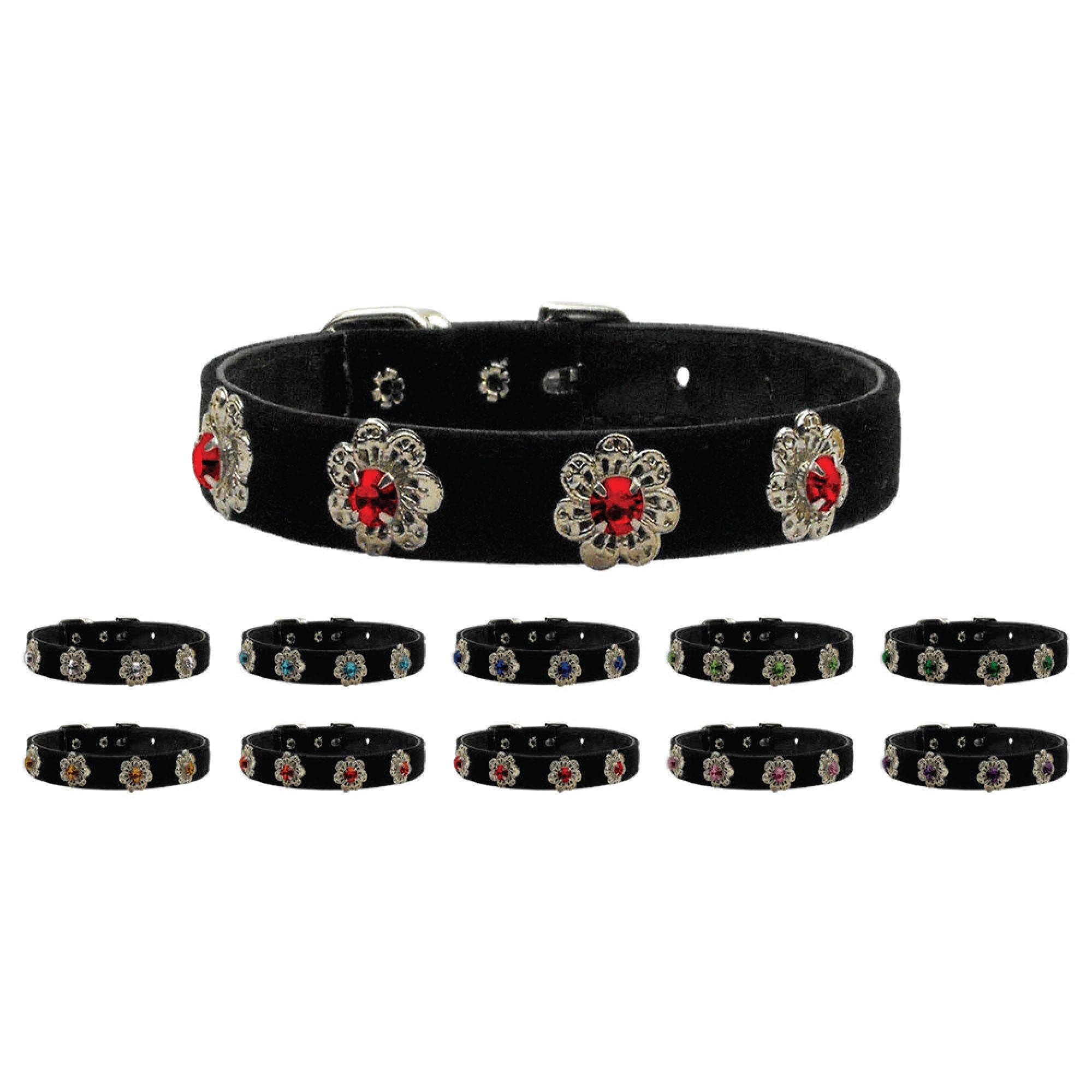 Elegant black velvet dog collar with crystal flower embellishments, perfect for stylish pets.