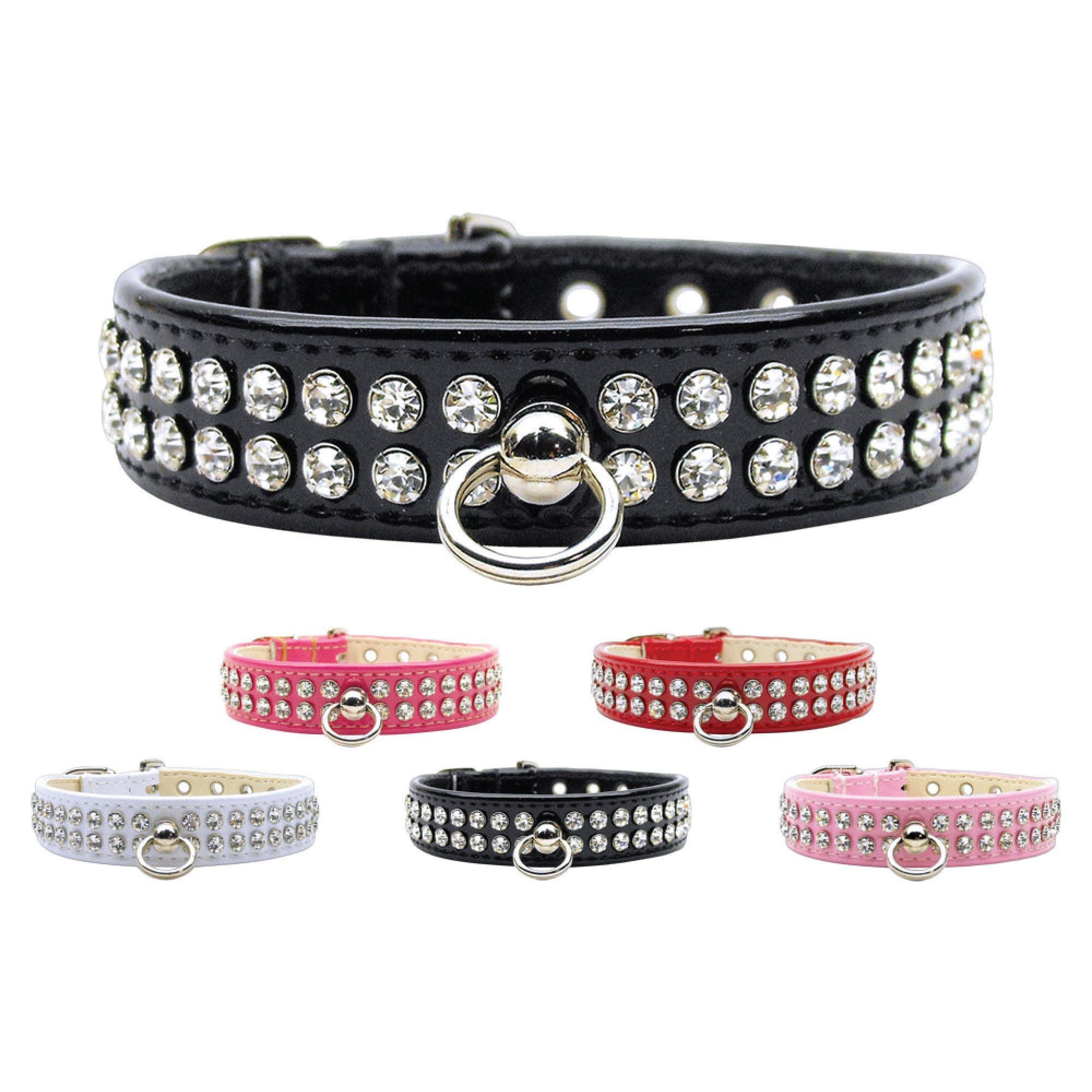 Stylish dog collar with sparkling clear crystals on patent faux leather, featuring a center post for ID tag.