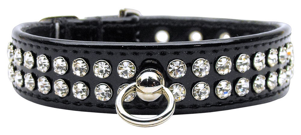 Stylish dog collar with sparkling clear crystals on patent faux leather, featuring a center post for ID tag.