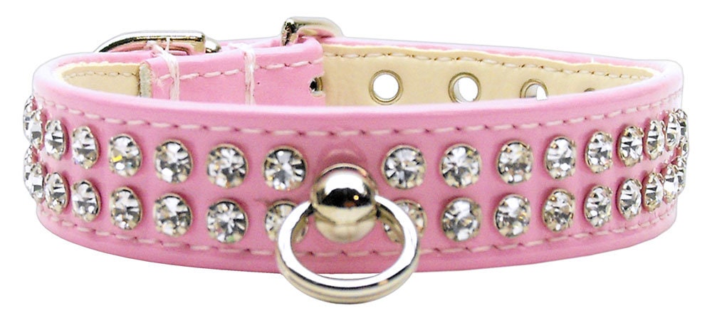 Stylish dog collar with sparkling clear crystals on patent faux leather, featuring a center post for ID tag.