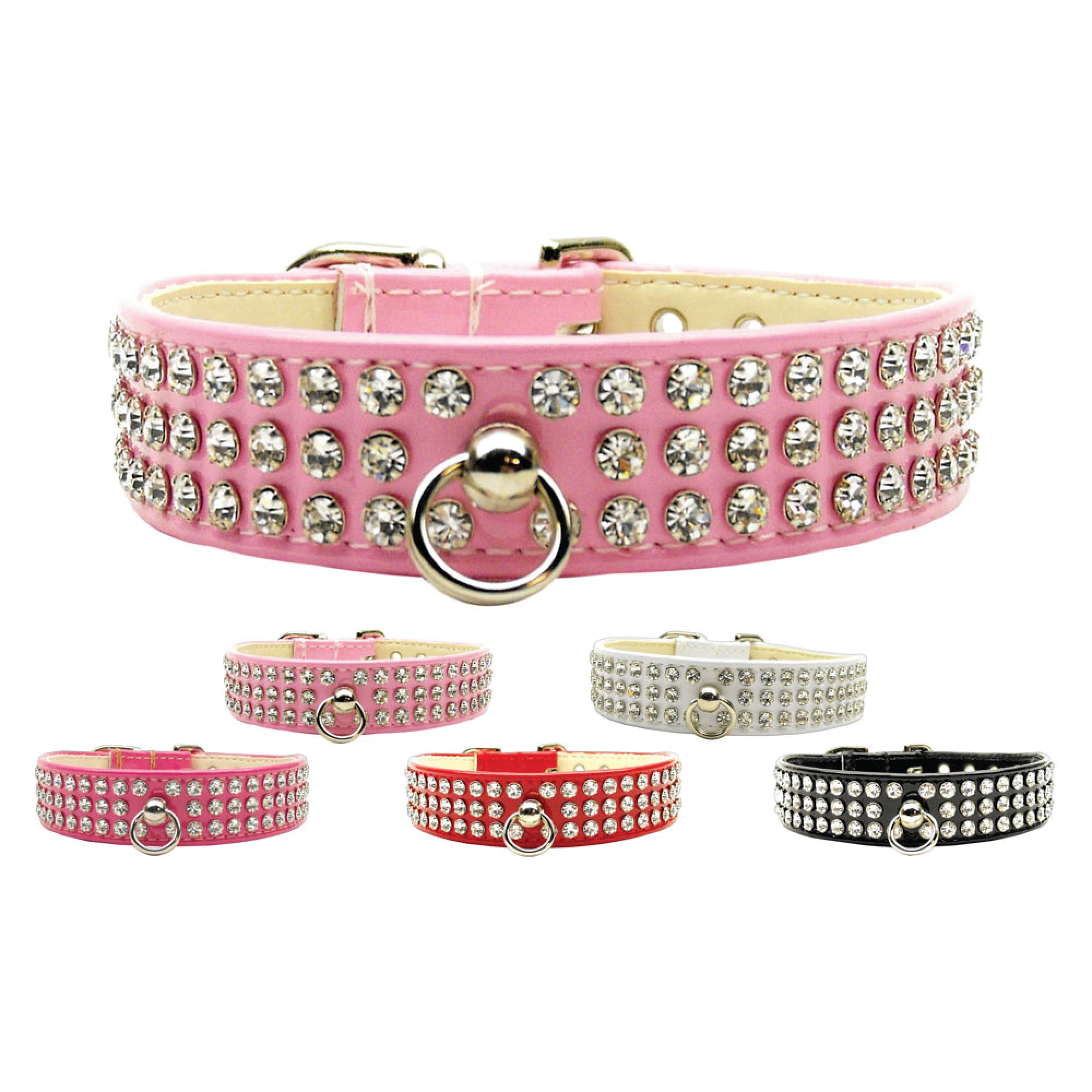 Stylish dog collar with three rows of sparkling clear crystals on a glistening patent faux leather background.