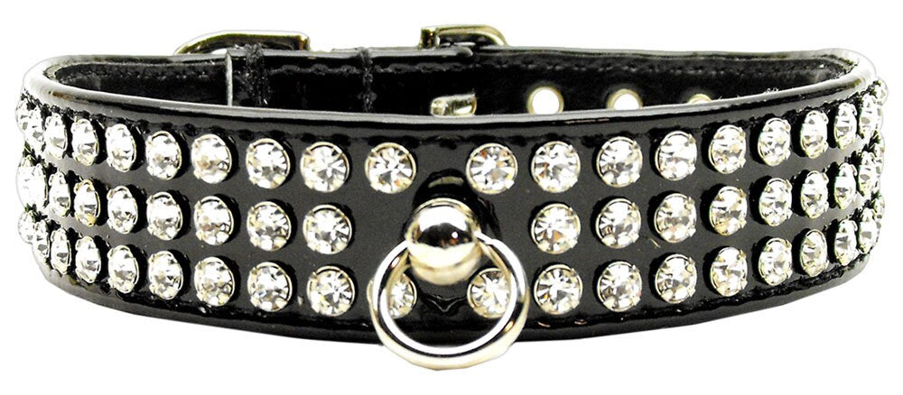 Stylish dog collar with three rows of sparkling clear crystals on a glistening patent faux leather background.