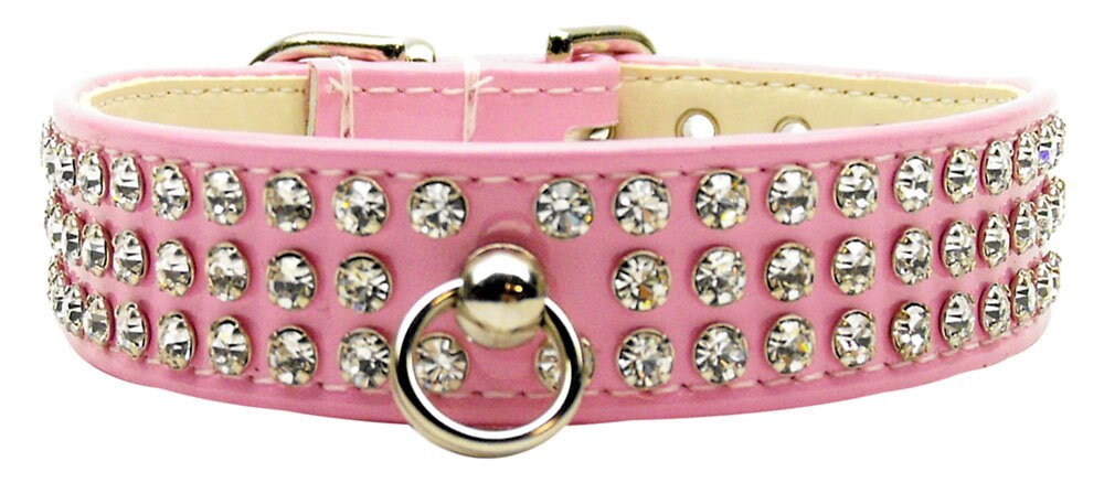 Stylish dog collar with three rows of sparkling clear crystals on a glistening patent faux leather background.