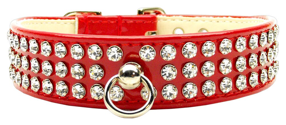 Stylish dog collar with three rows of sparkling clear crystals on a glistening patent faux leather background.
