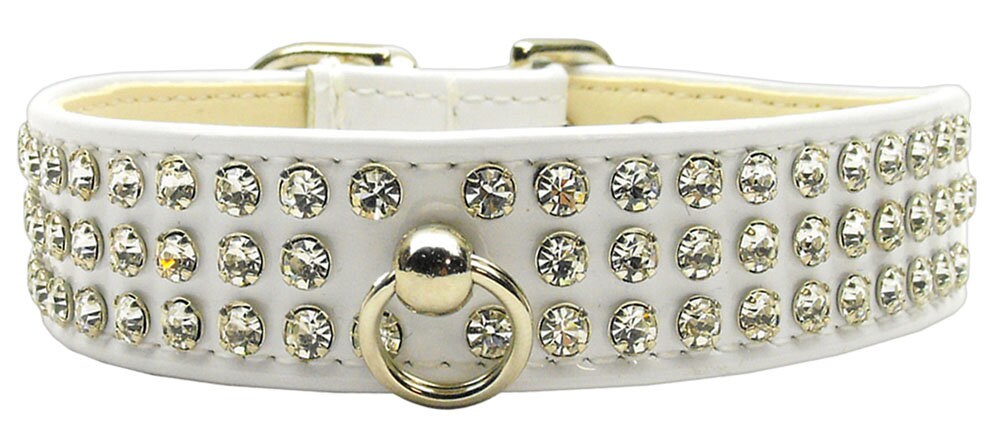 Stylish dog collar with three rows of sparkling clear crystals on a glistening patent faux leather background.