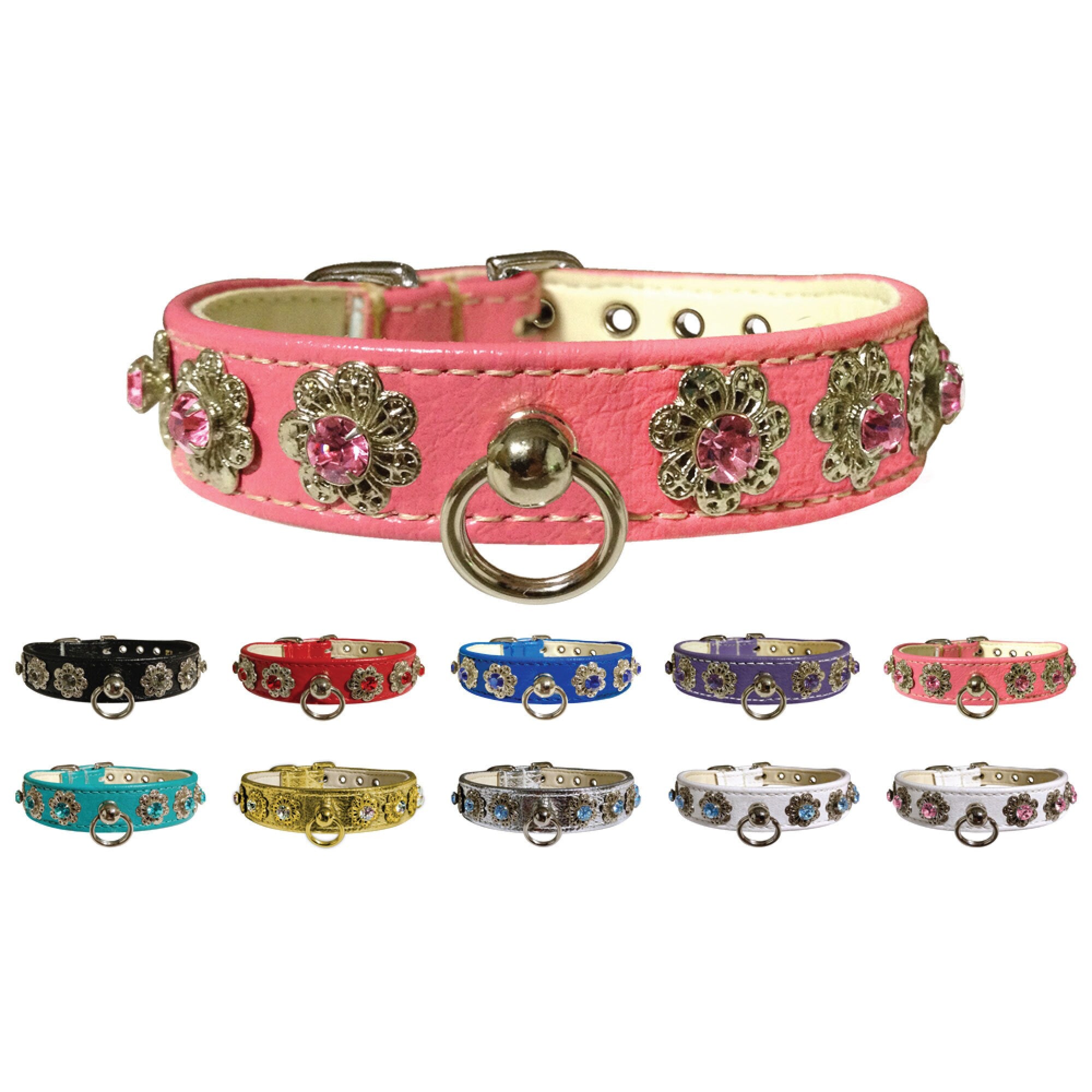Starlite Crystal Flower dog collar featuring elegant rhinestones and flower filigrees, perfect for stylish pets.