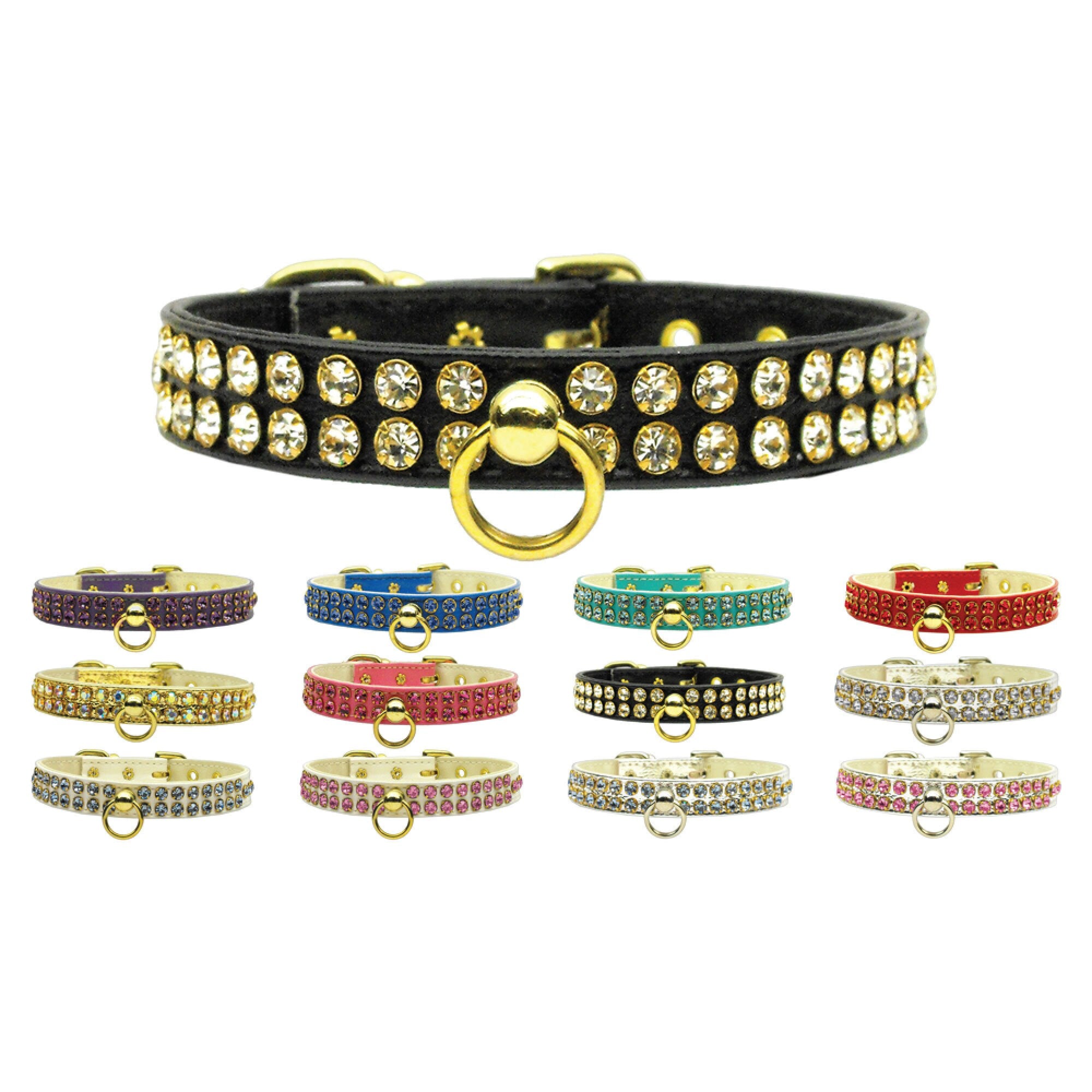 Swank Rhinestone Dog Collar featuring sparkling prong-set rhinestones, available in various sizes and colors.