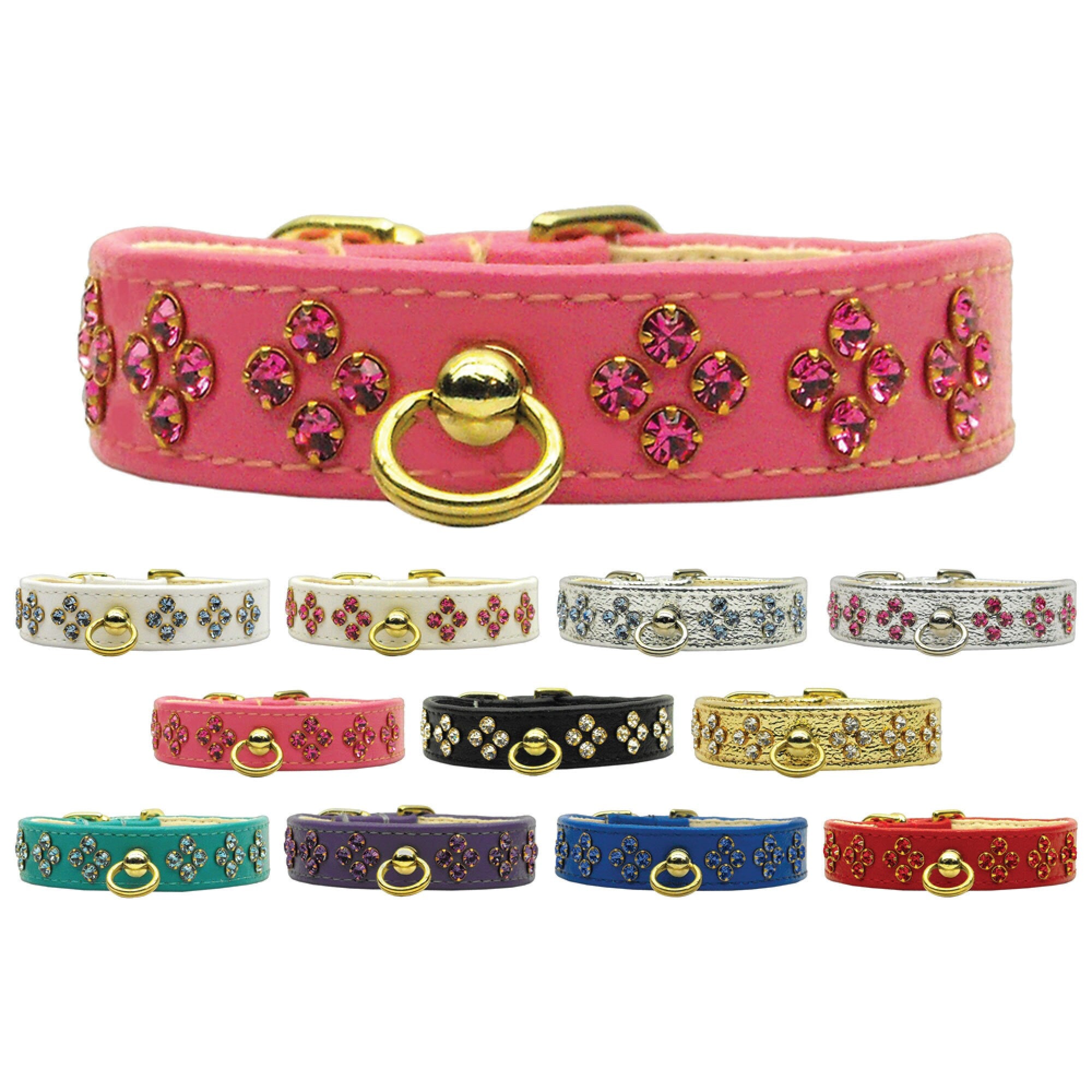 Tiara Rhinestone Dog Collar featuring sparkling rhinestones and a center post for ID tag attachment, available in various sizes and colors.