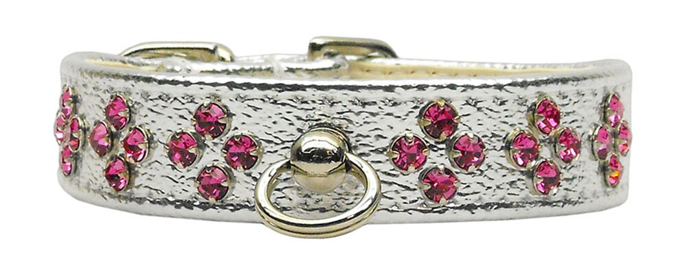Tiara Rhinestone Dog Collar featuring sparkling rhinestones and a center post for ID tag attachment, available in various sizes and colors.