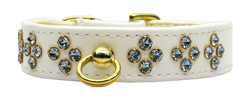 Tiara Rhinestone Dog Collar featuring sparkling rhinestones and a center post for ID tag attachment, available in various sizes and colors.