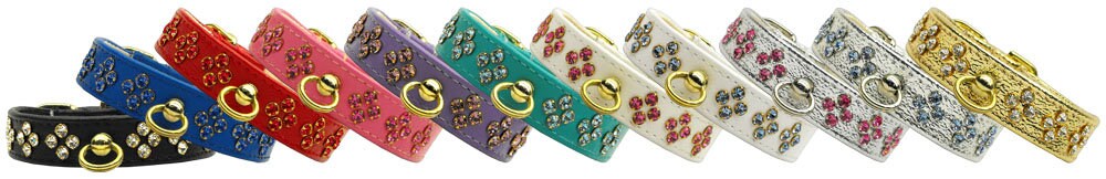 Tiara Rhinestone Dog Collar featuring sparkling rhinestones and a center post for ID tag attachment, available in various sizes and colors.