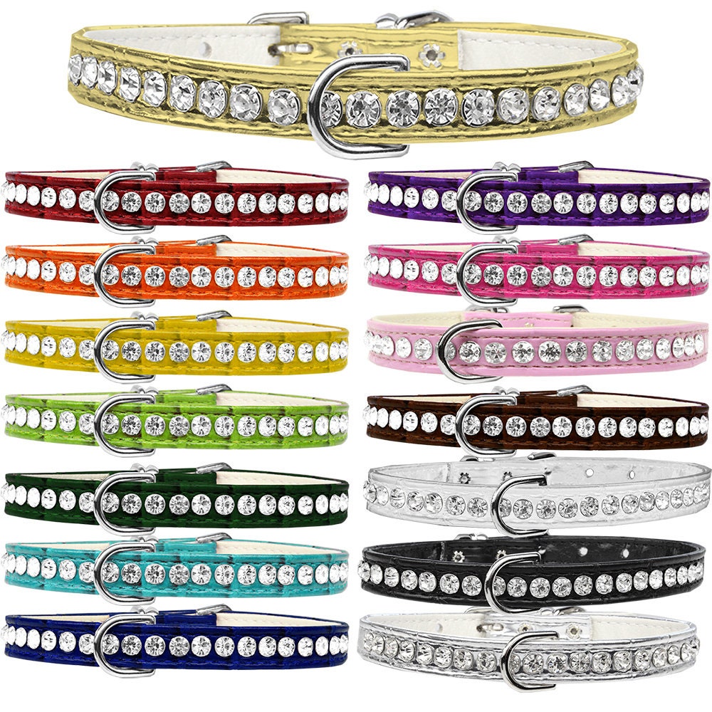 Beverly Style Designer Croc Collar for dogs, featuring faux leather and sparkling crystal embellishments in various colors.