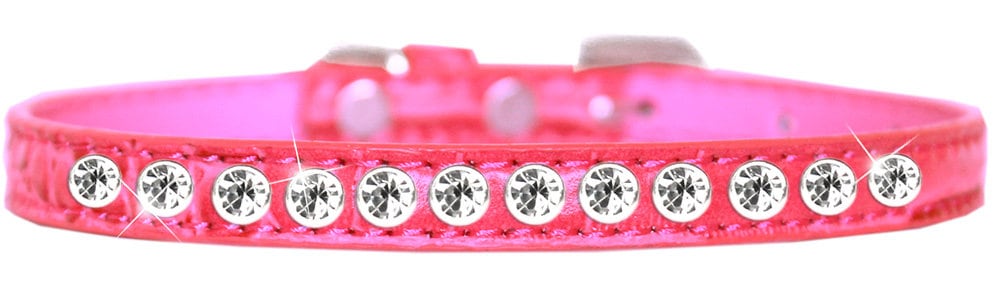 A stylish faux leather dog collar adorned with a row of clear crystals, perfect for small pets.