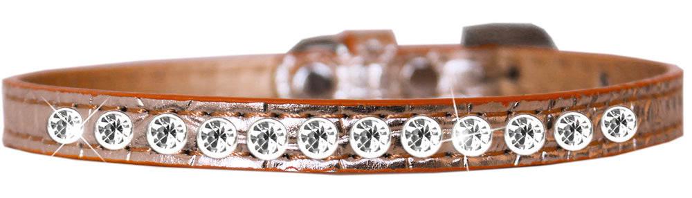 A stylish faux leather dog collar adorned with a row of clear crystals, perfect for small pets.