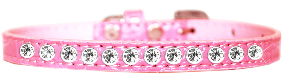 A stylish faux leather dog collar adorned with a row of clear crystals, perfect for small pets.