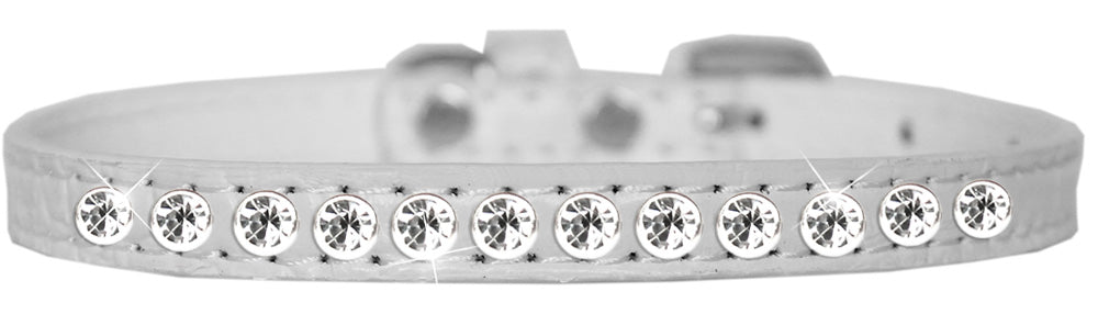 A stylish faux leather dog collar adorned with a row of clear crystals, perfect for small pets.