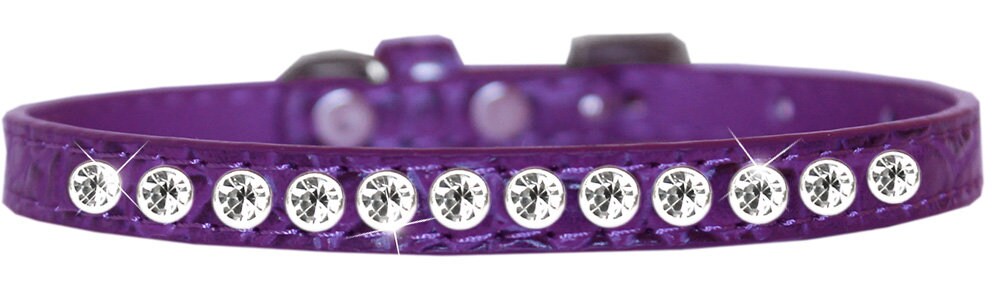 A stylish faux leather dog collar adorned with a row of clear crystals, perfect for small pets.