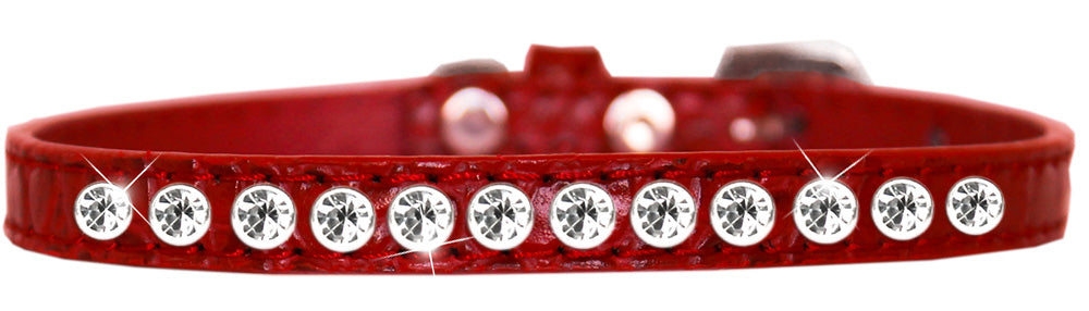 A stylish faux leather dog collar adorned with a row of clear crystals, perfect for small pets.