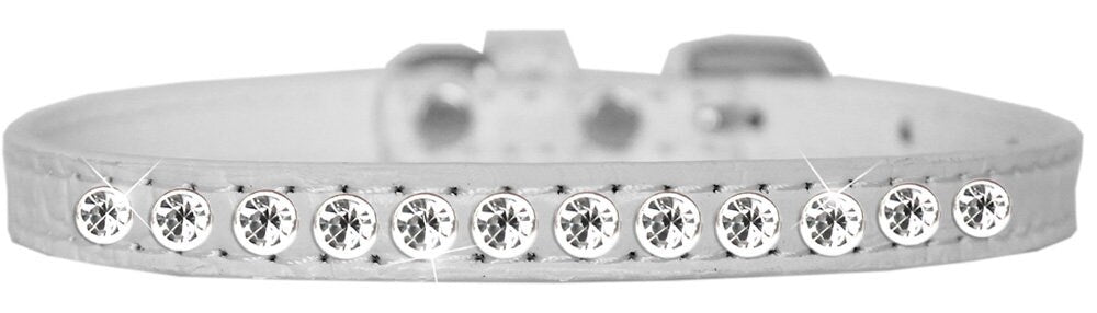 A stylish faux leather dog collar adorned with a row of clear crystals, perfect for small pets.