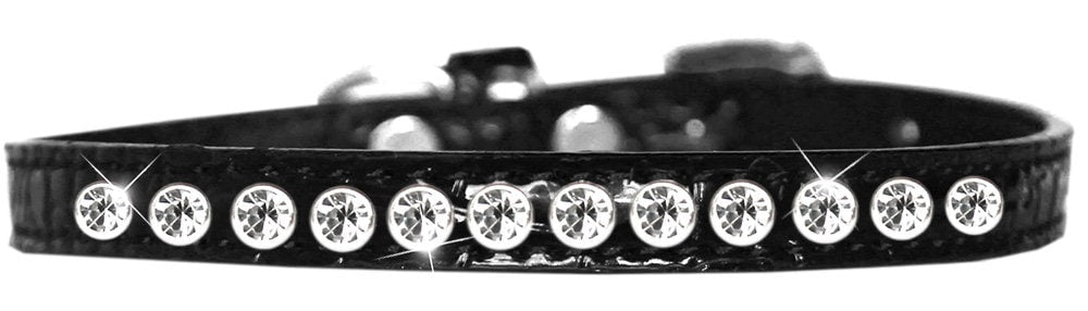 A stylish faux leather dog collar adorned with a row of clear crystals, perfect for small pets.