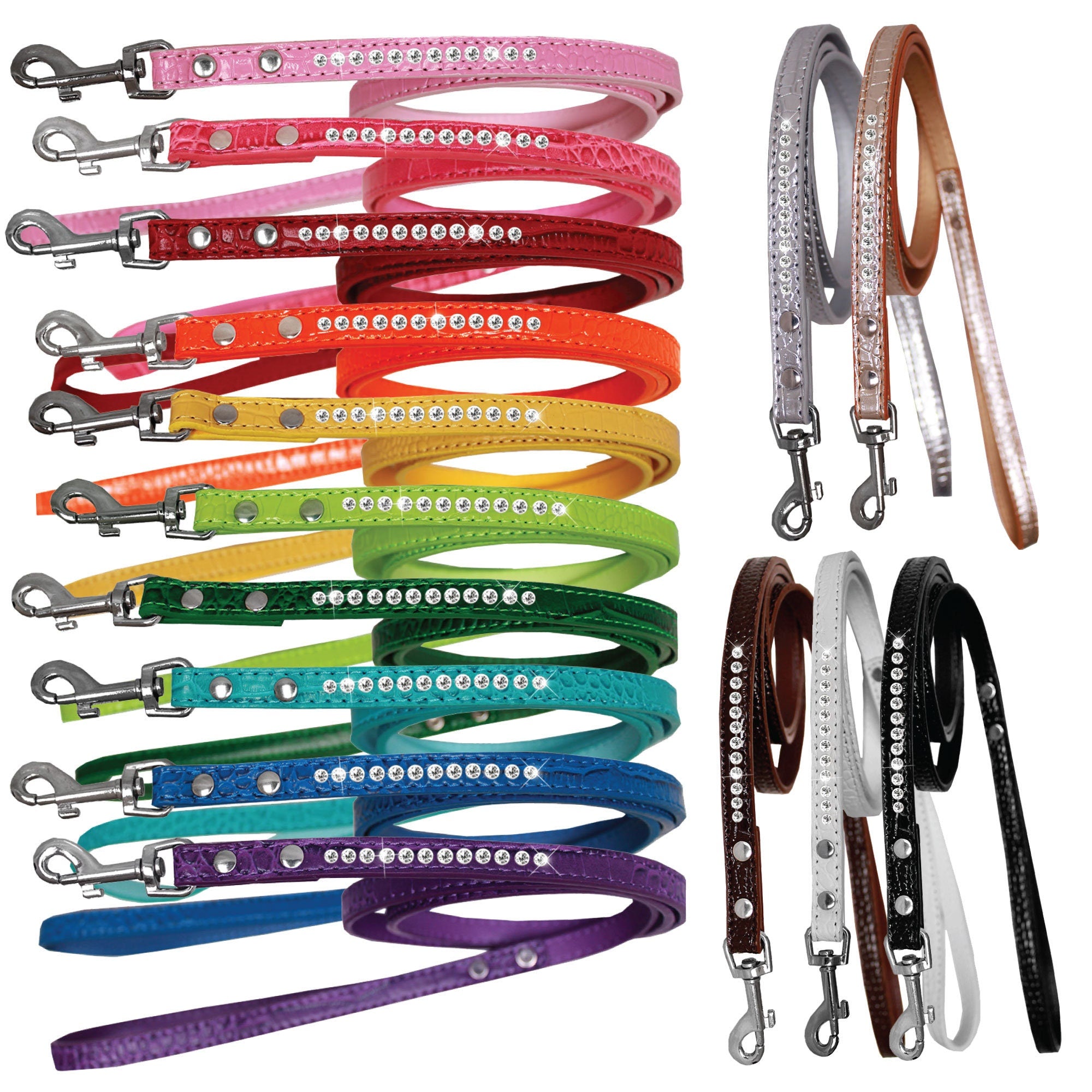 A stylish dog leash made of faux croc material with a row of clear crystals, perfect for pets.