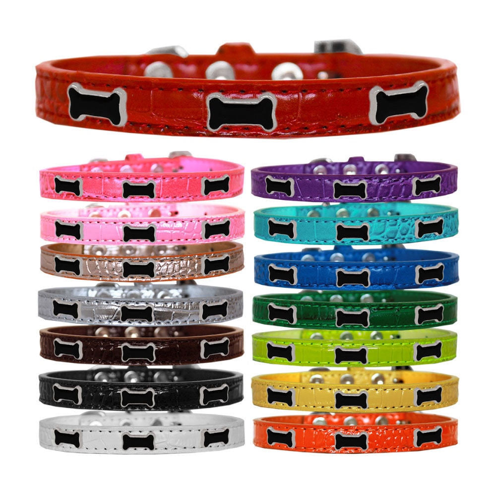 Black Bone Designer Croc Widget Collar for dogs, featuring a faux crocodile texture and stylish widgets.