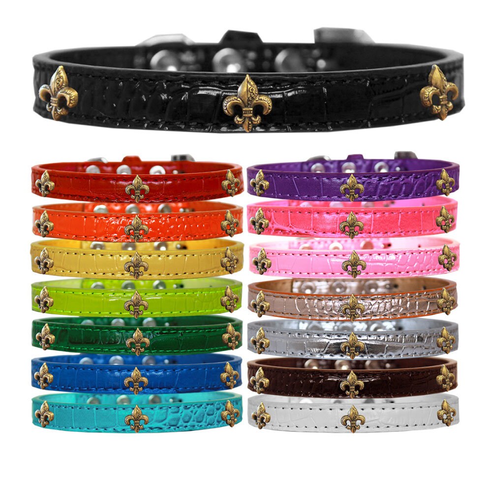Bronze Fleur De Lis Designer Croc Widget Collar for dogs, featuring a stylish faux crocodile texture and decorative widgets.