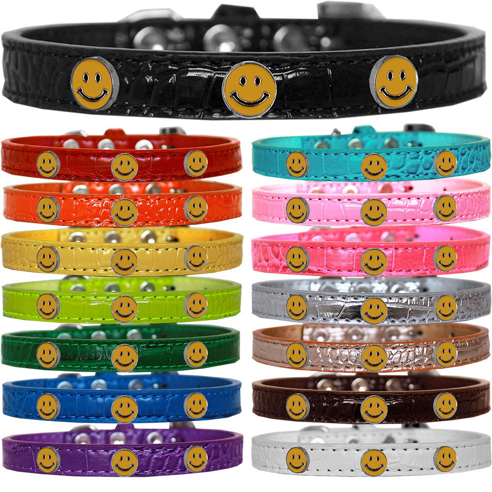 Happy Face Designer Croc Widget Collar for dogs, featuring colorful widgets and a stylish faux crocodile design.