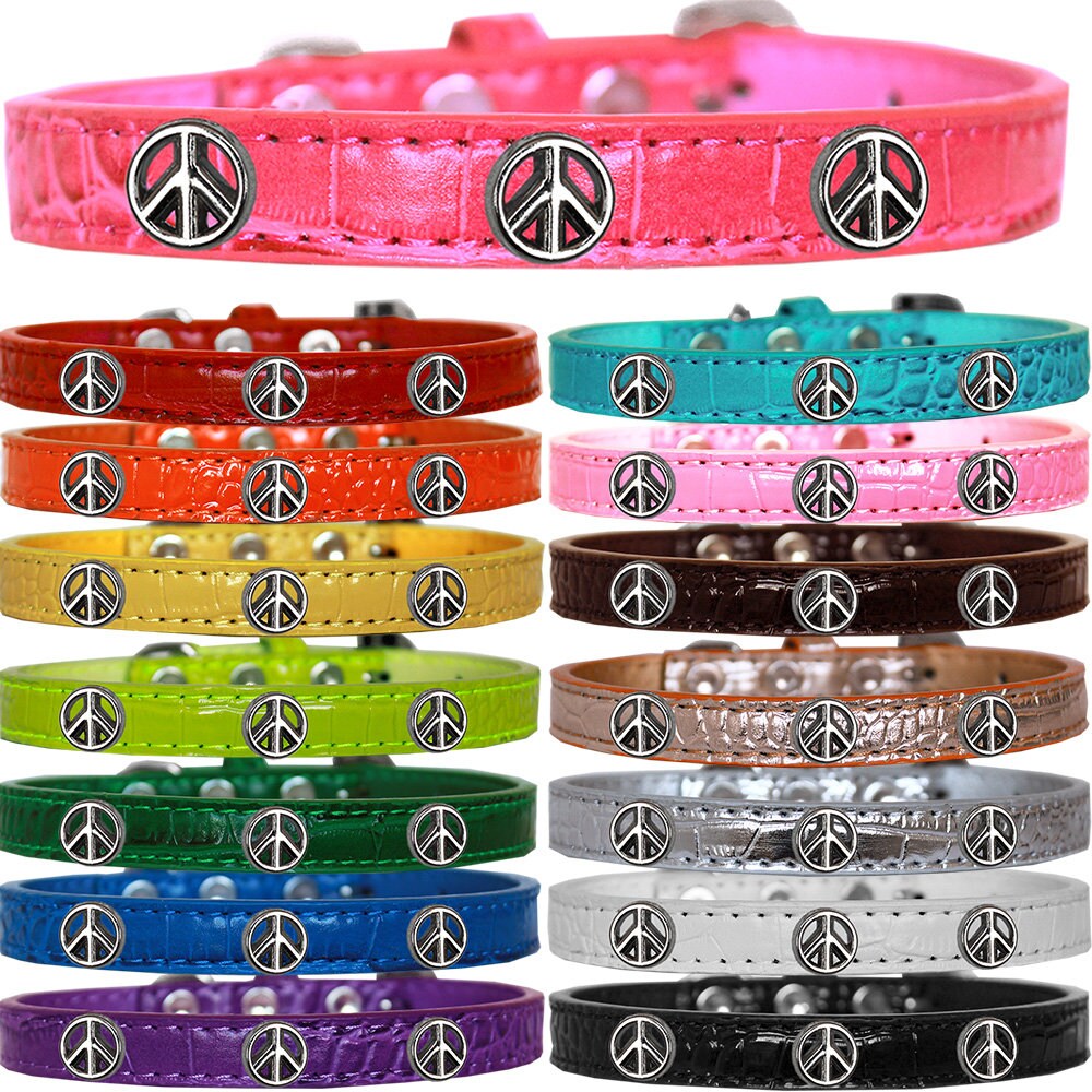 Designer Croc Widget Collar for dogs featuring a peace sign design, showcasing its stylish faux crocodile texture.