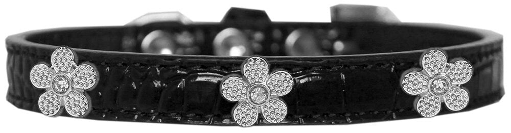 A stylish dog collar featuring a faux crocodile texture with silver flower widgets, perfect for pets.