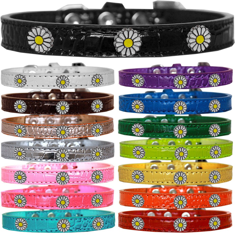 A stylish white daisies designer faux croc collar for dogs, featuring decorative widgets and a luxurious texture.