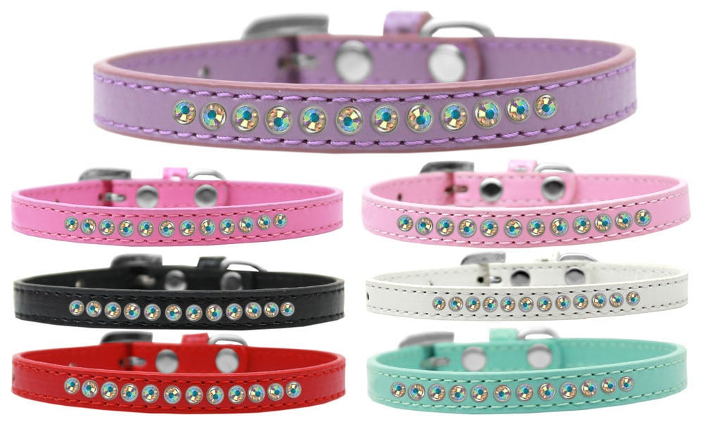 Stylish dog collar featuring Aurora Borealis crystals on faux leather, showcasing elegance and comfort for pets.