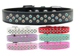Aurora Borealis Crystal Rimsets dog collar featuring three rows of sparkling crystals on a soft faux leather base, with a crystal buckle.